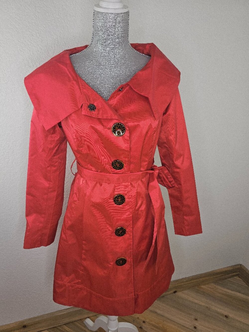 Love Stitch Statement Red Belted Trench Coat Size Medium